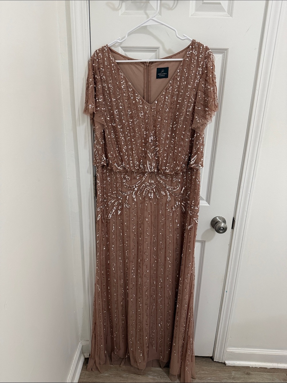 Adrianna Papell Rose Gold Sequin V-Neck Maxi Gown Size 16